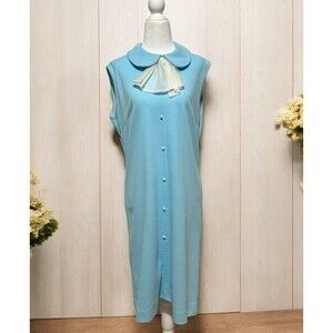Vintage 60s 70s Mod Dress Womens L Baby Blue Peter Pan Collar Faux Pearls Ribbed